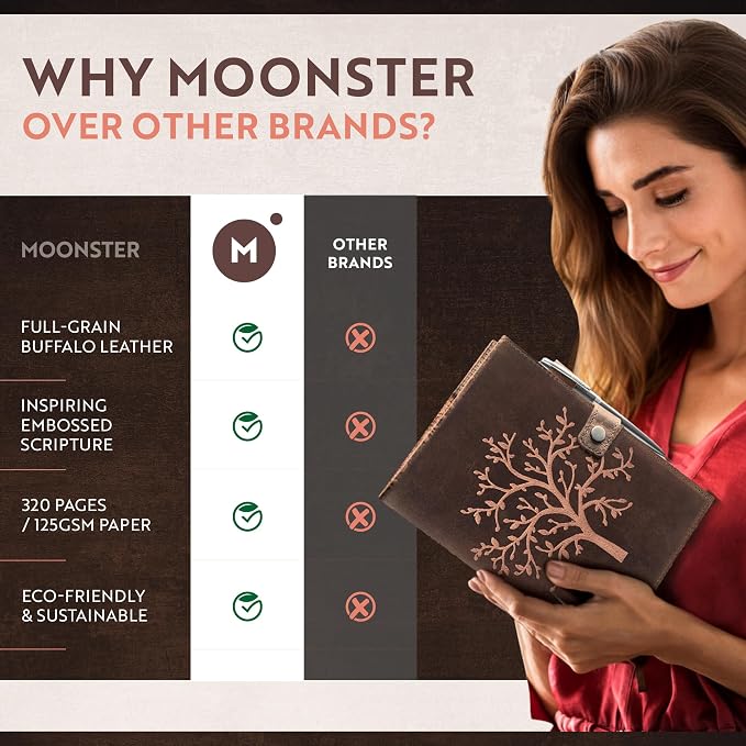 moonster Refillable Leather Journal Lined Notebook - Embossed Tree of Life, Handmade Genuine Leather Notebook for Men & Women with Pen Holder – Includes Premium-Milled A5 Lined Paper & Luxury Pen