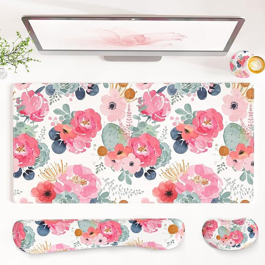 QIYI Leather Desk Mat Set, 4-in-1 Large Mouse Pad with Ergonomic Wrist Rest, Waterproof Desk Pad + Keyboard Wrist Rest + Mouse Wrist Support + Coaster, Non-Slip Office Gaming Accessories, Pink Flowers