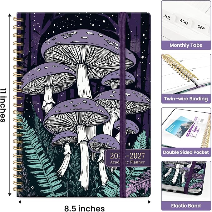 Planner 2026-2027, Academic Monthly and Weekly Calendar Planner for Women, July 2026 - June 2027, Hardcover Pretty Agenda Planner Book with Tabs, Spiral Daily Organizer for School Office Home Supplies, 8.5" x 11" - Enchanted Fungi