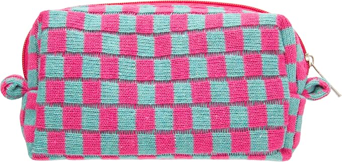 Checkered Makeup Bag for Purse, Small Travel Cosmetic Pouch,Magenta Green | Cute Zipper Makeup Organizer for Women, Travel Essentials, Toiletries, Makeup Brushes, Beauty Accessories&Bridesmaid Gifts