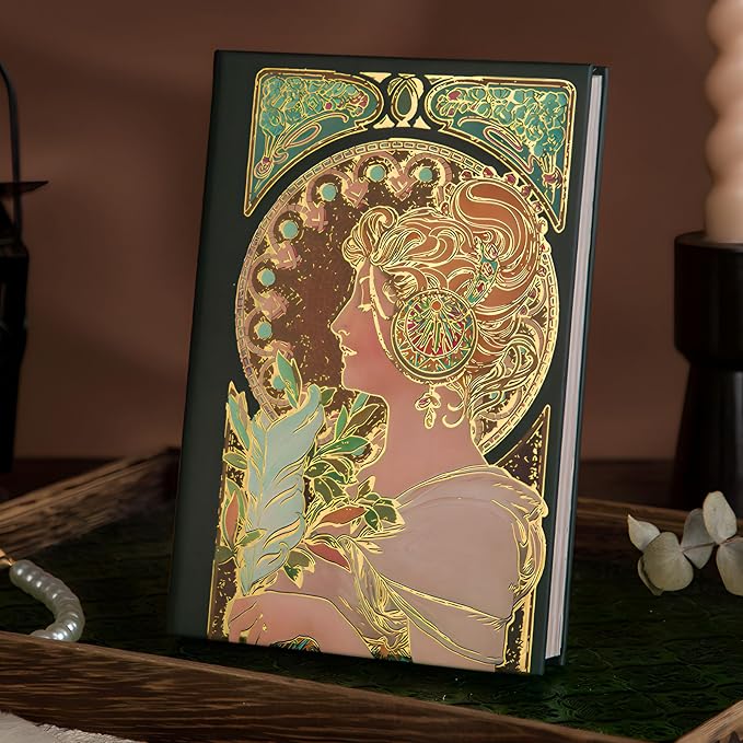 Pretty Journal for Women, Gilded Hardcover Notebook, B6, 5x7, Beautiful, Colorful Page, Fancy Notebook for Personal Writing, Alphonse Mucha Feather, Gift for Female Friend