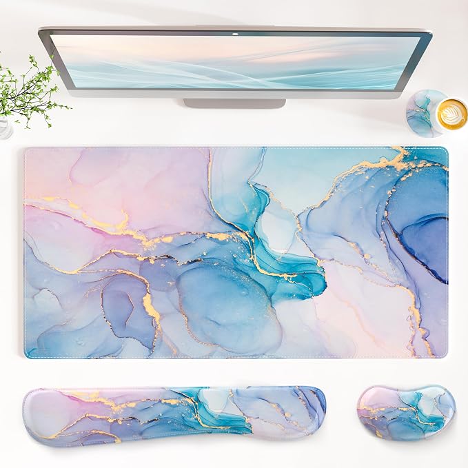 QIYI Leather Desk Mat Set, 4-in-1 Large Mouse Pad with Ergonomic Wrist Rest, Waterproof Desk Pad + Keyboard Wrist Rest +Mouse Wrist Support+Coaster, Non-Slip Office Gaming Accessories, Blue Pink Fluid