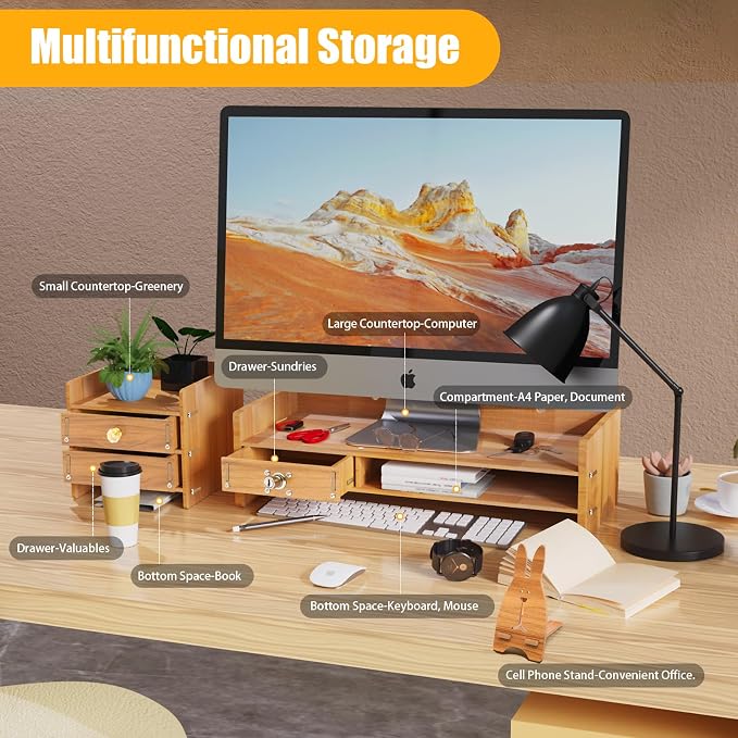 Wood Monitor Stand Riser Computer Laptop Desktop Organizer W/ Drawers + Lock Tray DIY, Desk Drawer Organizers Wood Desk Paper Organizer for Home Office