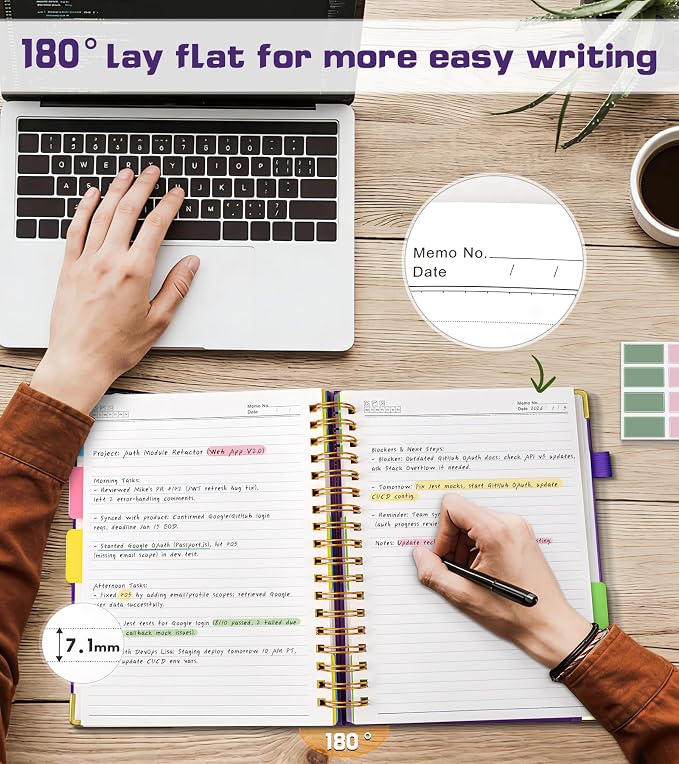 5 Subject Spiral Notebook Journal with Removable Dividers Tabs, 300 Pages Organizer Notebooks for Work School, 8"x10" Hardcover Leather Notebook College Ruled, Large Lined Journal for Women Men,Purple
