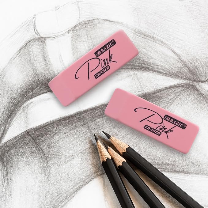 BAZIC Products Pink Bevel Block Erasers, Latex-Free, PVC-Free, 24-Box | soft latex-free rubber, pink beveled block erasers, Erases pencil and lead cleanly without smudging or tearing, Bulk box