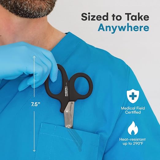 Madison Supply Medical Scissors, EMT and Trauma Shears - 7.5 Inch Premium Quality Stainless Steel Bandage Scissors - Fluoride-Coated with Non-Stick Blades - 1 Pack (Black/Stainless)