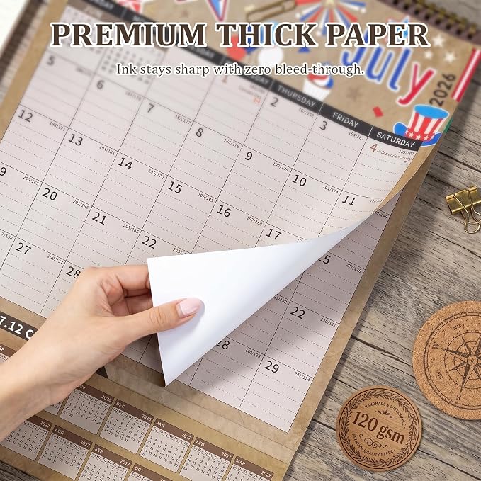 Ospelelf Wall Calendar 2026-2027 with Storage Pockets 17" X 22" Monthly Large Planner Pad Includes Stickers for Family Fridge Office Teacher School Use July 2026 to December 2027 Kraft Season