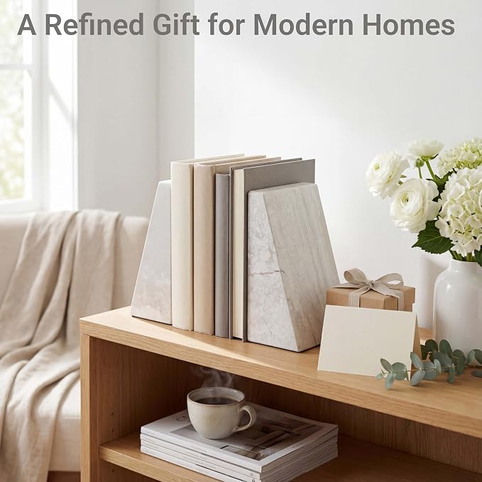 Natural Marble Bookends for Shelves,Office bookends for Heavy Books. Unique Brown Book Ends, Set of 2,Heavy Duty (Grayish-White)