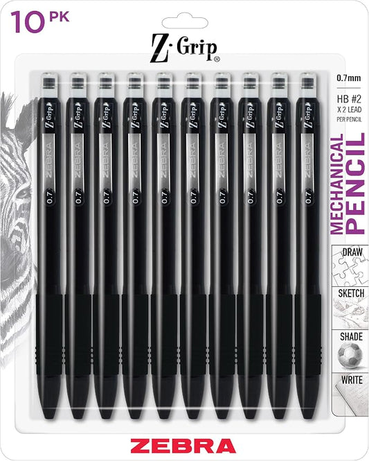 Zebra Pen, Z-Grip Mechanical Pencil, Comfort Grip, 0.7mm Lead, #2 HB, Pre-Loaded with Lead and Eraser, for School, Office, Everyday Use, Refillable, Black Barrel, 10-Pack, (50401)