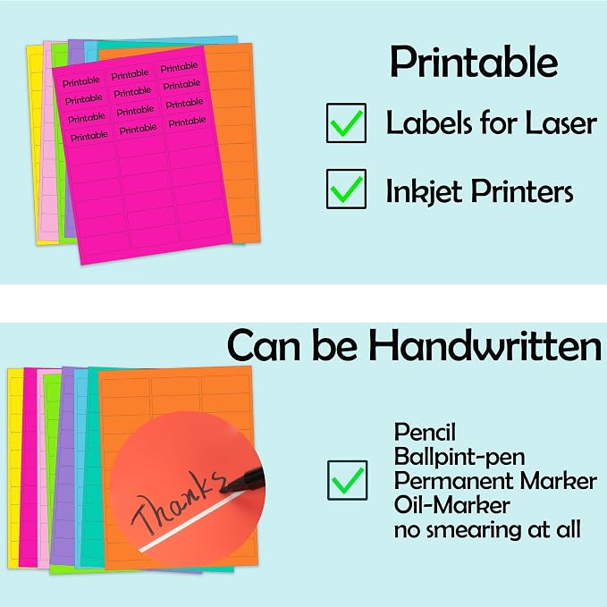YSHIHE 1" x 2-5/8" Colored Labels Stickers 8 Colors Bright Moving Labels 24 Sheets,720 Labels for Laser/Inkjet Printer, Permanent Adhesive