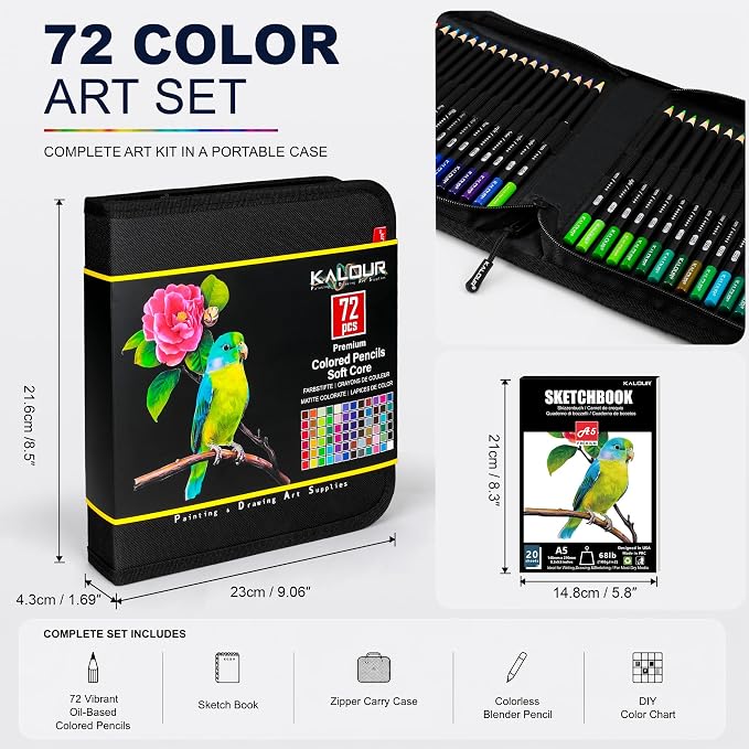 KALOUR 72 Colored Pencils Set, Blending Pencil Sketchbook DIY Color Chart | Smooth blendable, Break-resistant Soft Core, Portable lightweight storage case, For sketching shading illustration