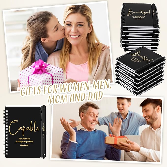 Kosiz 12 Sets Christian Gifts Bulk Christian Notebooks with Pens Inspirational Prayer Journals Bulk A6 Spiral Small Notepads for Women Men Church Members Bible Study Groups (Black)