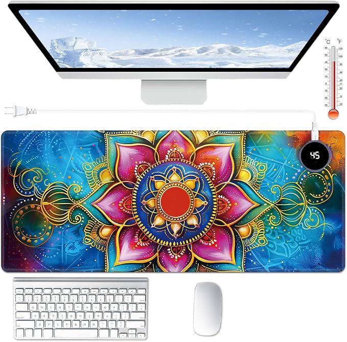 Heated Desk Pad Large Mouse Pad 31.5 x 13 inch with 3 Levels Heating & Auto Shut-Off Warm Mouse pad PU Leather Computer Mousepad for Home Office Work - Colorful Lotus Flowers