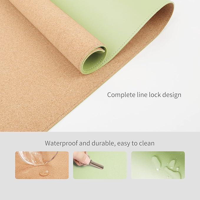RENMTURE Dual-Sided Mouse Pad, Natural Cork & PU Leather Large Desk Pad for Office and Home Work, Desk Protector Non-Slip, Waterproof, Easy Clean (Light Green, 32"x16")