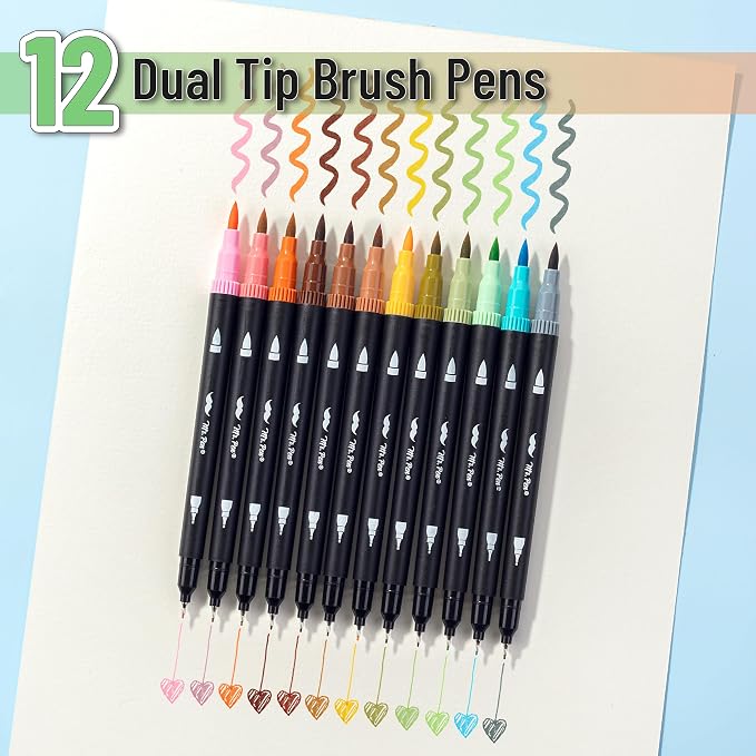 Mr. Pen- Dual Tip Brush Pens, 12 pcs, Assorted Colors | Fine & Brush Tip Markers for Adult Coloring Markers for Adults