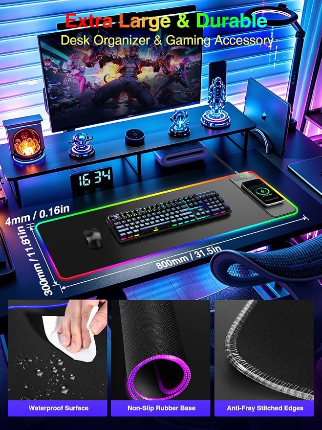 Wireless Charging Mouse Pad Gaming, 31.5"x11.8" Large Desk Mat, Waterproof | RGB Mousepad, Smooth Glide, Stitched Edge, Non-Slip Rubber Base, Desk Pad Computer Keyboard Mat, No Adapter