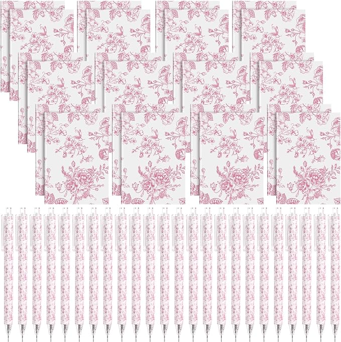 Engrowtic 24 Set Pink and White Floral Mini Notebooks and Ballpoint Pens Chinoiserie Vintage Pocket Notepads Gel Pens Small Journals for Bridal Wedding Baby Shower