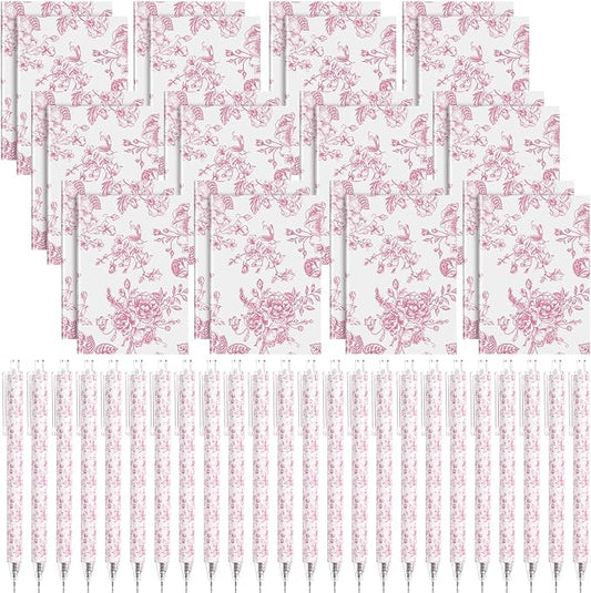 Engrowtic 24 Set Pink and White Floral Mini Notebooks and Ballpoint Pens Chinoiserie Vintage Pocket Notepads Gel Pens Small Journals for Bridal Wedding Baby Shower