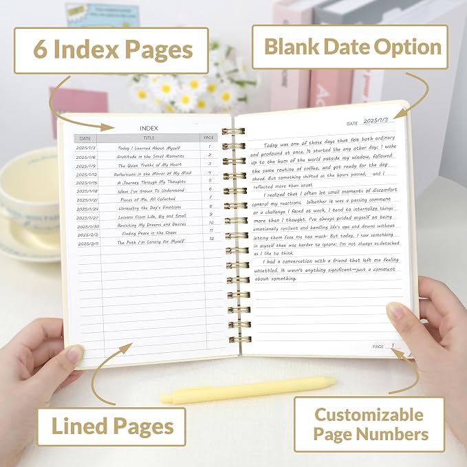 SUNEE Lined Spiral Journal Notebook for Women, 146 Pages College Ruled Hardcover Journaling Notebook for Work, Note Taking and Office School Supplies, A5 - Beige