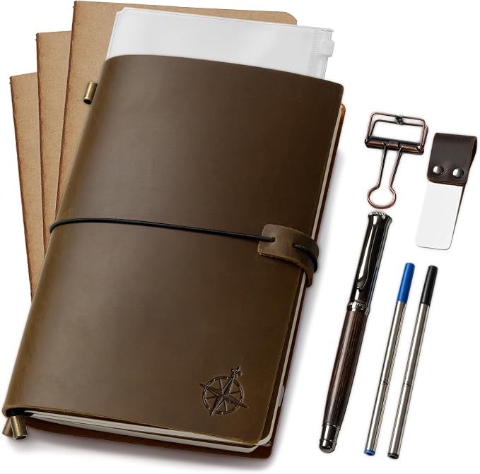WANDERINGS A5 Travelers Notebook Bundle – 6" x 8.5" (15 x 22cm) – Genuine Leather Journal with Pen Holder, Pen, 2 Ink Refills, PVC Folder & Binder Clip