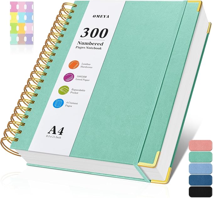 Spiral Notebook 8.5" x 11",300 Numbered Pages Lined Notebooks College Ruled | 100GSM Thick Journal for Women Men, Hardcover Leather Lined Journal for Writing, Large A4 Notebooks for Work School,4 Contens