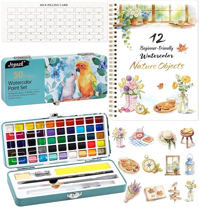 Watercolor Workbook, Water Coloring Book, 12 Different Patterns of Original DIY Designs, 50 Colors Watercolor Paint Set with Palette and Brush, Beginner-Friendly Watercolor Workbooks (Nature Objects)