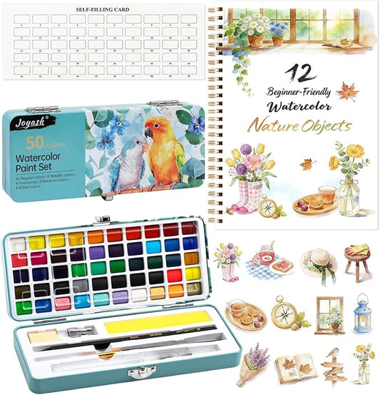 Watercolor Workbook, Water Coloring Book, 12 Different Patterns of Original DIY Designs, 50 Colors Watercolor Paint Set with Palette and Brush, Beginner-Friendly Watercolor Workbooks (Nature Objects)