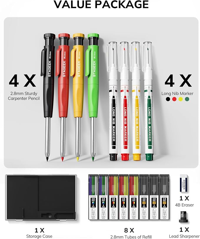 STAGEEK 4PCS Mechanical Carpenter Pencil Set, Deep Hole, Woodworking | 52 Refills, 4PCS Long Nib Marker Pens, Built-in Sharpener, Storage Case for Architect Heavy Duty Construction Marking