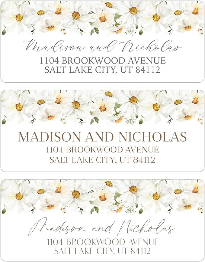 Return Address Labels Personalized with Your Choice of 30 Flower Styles - Choose Font and Font Color or Add Custom Text - Perfect for Wedding Envelopes (028 Daisies)