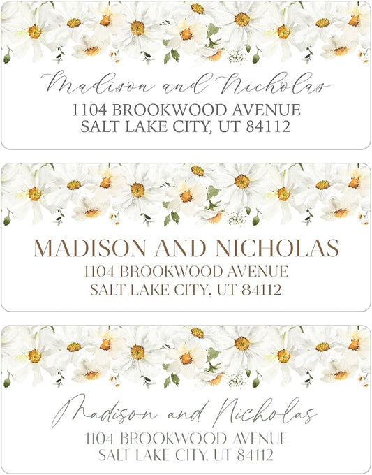 Return Address Labels Personalized with Your Choice of 30 Flower Styles - Choose Font and Font Color or Add Custom Text - Perfect for Wedding Envelopes (028 Daisies)