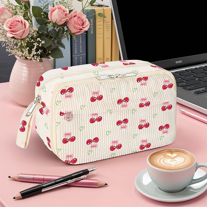 WOBAGMEN Cute Pencil Case,Large Corduroy Zippered Pencil Case Pouch, aesthetic Pencil Bag with Compartments, Pencil Pouch School Supplies (HY-corduroy pc-cherry)