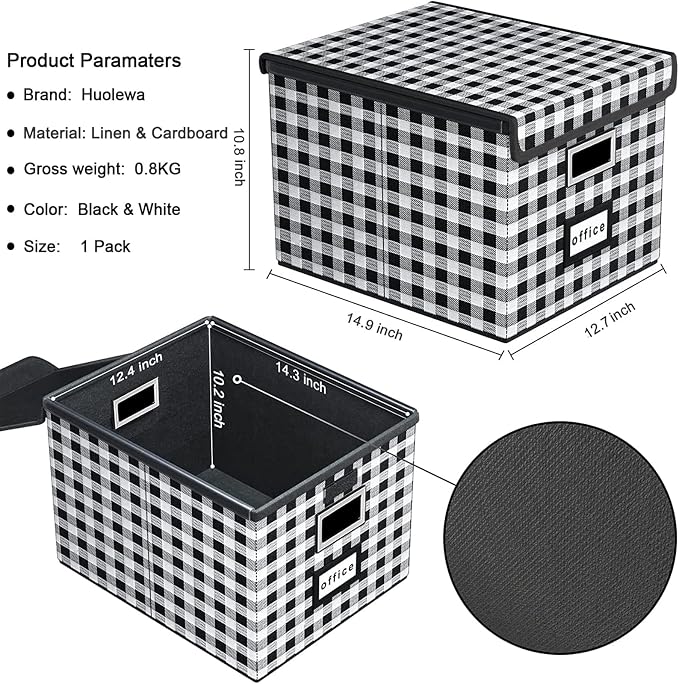 Decorative Collapsible File Storage Organizer Boxes with Lids, Hanging Filing & Storage Boxes for Office/Decor/Home, Filing System for File and Folders Storag - (Black & White Lattice)