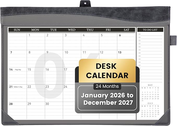 Yoment Desk Calendar 2026, Jan 2026-Dec 2027, 2026 Desk Calendar Large 17 x 12, 2026 Calendar with Plastic Cover, Pockets, to-Do Lists, Desktop Wall Calendar 2026-2027 for Office School Home, Gray