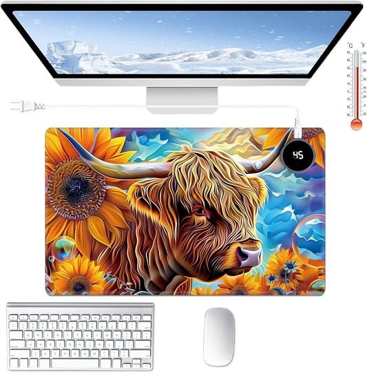 Heated Desk Pad Large Mouse Pad 23.6 x 14.1 inch with 3 Levels Heating & Auto Shut-Off Warm Mouse pad PU Leather Computer Mousepad for Home Office Work - Sunflower Cow