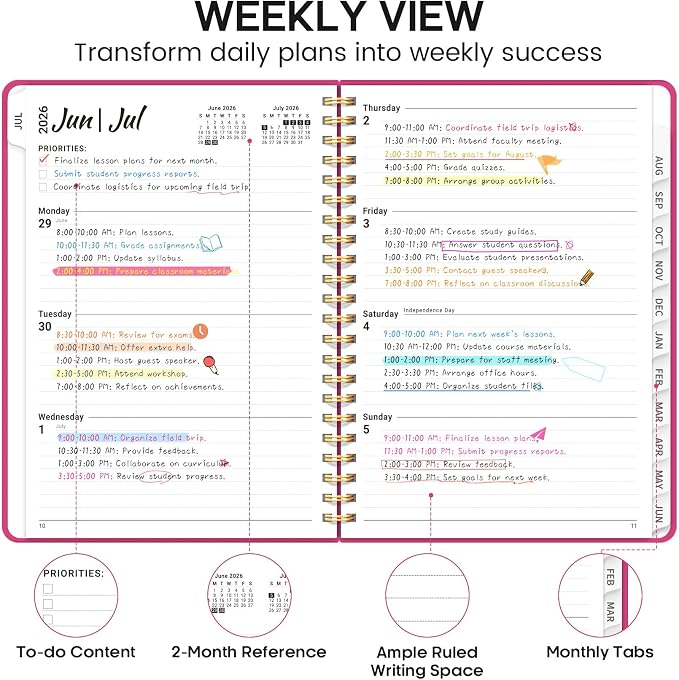 Academic Planner 2026-2027, Weekly and Monthly Calendar Planner Book, July 2026 – June 2027, Hardcover Organizer with Tabs, Perfect for Teachers, Students, Women & Men, A5 (6.4" x 8.5") - Hot Pink