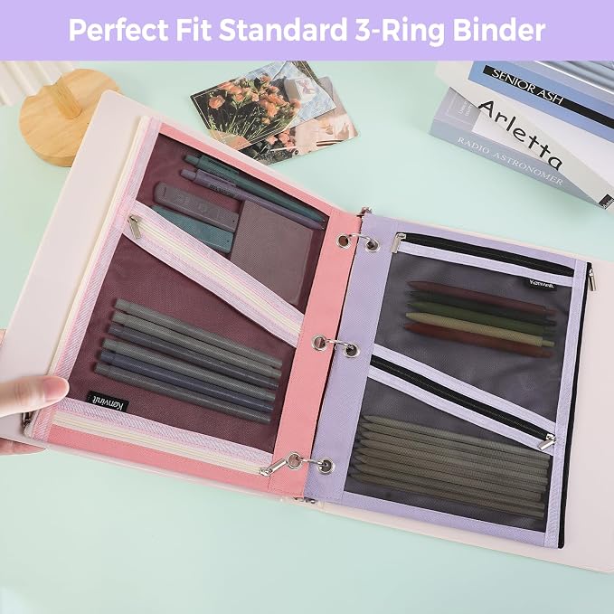 KONVINIT Pencil Pouch for 3 Ring Binder, Purple Zipper Binder Pencil Pouch | Zipper Pencil Pouches, Durable Cloth Pencil Case With 3 Pockets, Mesh Window Pencil Bag With Supplies, Cables, Makeup