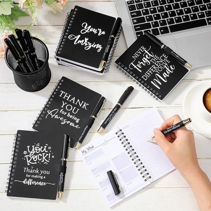 Tellingyou 20 Pcs/10 Set Team Appreciation Gifts for Employees Coworker A6 Notebook with Ballpoint Pens Thank You to Do List Notepad for Housekeeping Week Office Staff Teacher Back to School (Black)