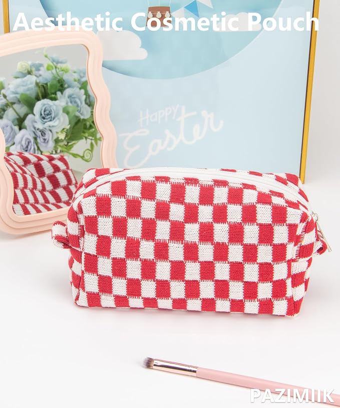 Checkered Makeup Bag for Purse, Small Travel Cosmetic Pouch,Christmas Red | Cute Zipper Makeup Organizer for Women, Travel Essentials, Toiletries, Makeup Brushes, Beauty Accessories&Bridesmaid Gifts