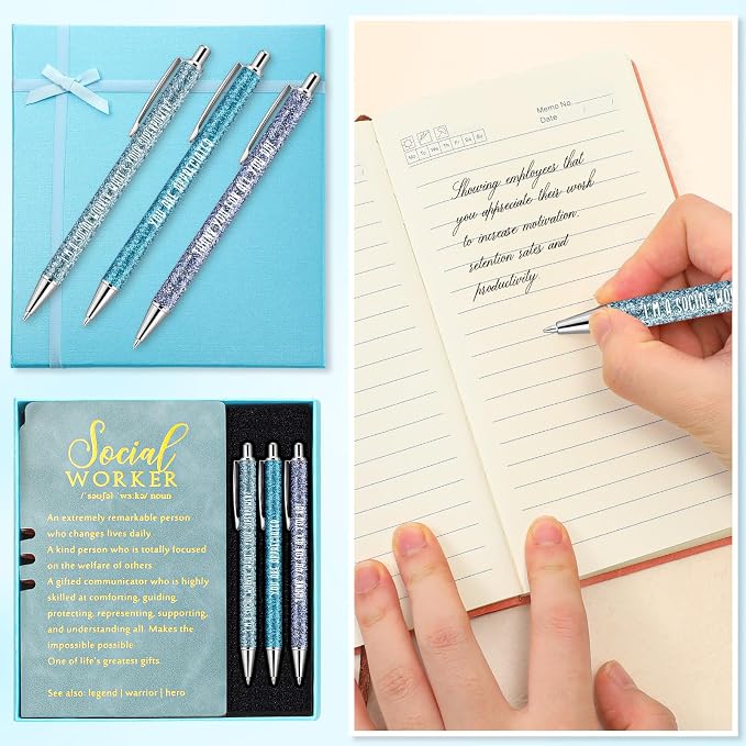 Resurhang 5 Pcs School Social Worker Must Haves Office Supplies Gift Leather Journal Notebook 3 Ballpoint Pens with Box Thank You Social Work Appreciation Gift for Bsw Msw Dsw(Blue)