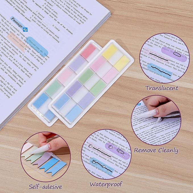 BAYTORY 1800Pcs Transparent Sticky Tabs, 2Pcs Double Marker Pens | See Through Clear Label Stickers, Self-Adhesive Translucent Index Tabs, Sticky Notes for Bible Accessories (Pastel Colors)