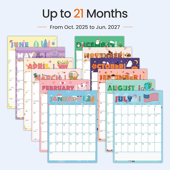 SUNEE Wall Calendar 2026 Large 22.75"x15.5", 21 Month (Ends June 2027), Vertical Extra Large Monthly Calendar 2026 for Wall, Cute