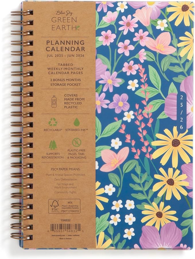 Blue Sky 2025-2026 Weekly & Monthly Academic Planner Calendar, 5"x8", Gail | July 2025 - June 2026, Flexible Cover From Recycled Plastic, Wirebound, Laminated Tabs, Storage Pocket, Academic Year