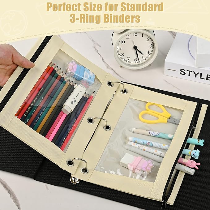Lanpn Pencil Pouch for 3 Ring Binder 6 Pack, Aesthetic Binder Pen Bags with Zipper, 3 Holes Pencil Pouches Organizer for Boy Girl Kids School Student, Reinforced Grommets & Clear Window, Beige