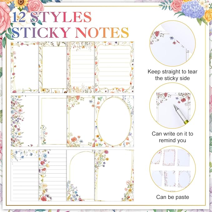 Chiisong 12 Pads Wildflower Sticky Notes Flower Sticky Notes 3 x 4 Inches Colored Adhesive Memo Reminder Decor Vintage Wild Floral Memo Pads Flower Notepads for Journal Office Birthday Gifts