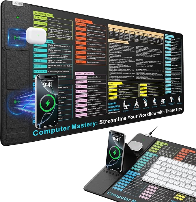 Wireless Charging Mouse Pad with Foldable Phone Holder | 31.5"x15.8" XXL Excel Cheat Sheet Desk Mat for Laptop/Keyboard, Waterproof Ultra-Smooth Surface, Non-Slip Base