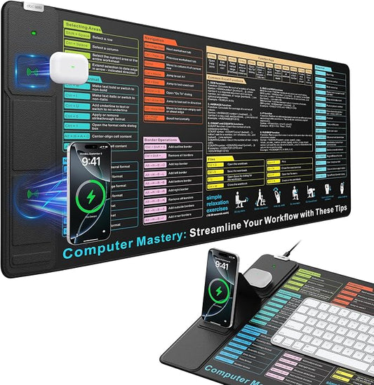 Wireless Charging Mouse Pad with Foldable Phone Holder | 31.5"x15.8" XXL Excel Cheat Sheet Desk Mat for Laptop/Keyboard, Waterproof Ultra-Smooth Surface, Non-Slip Base