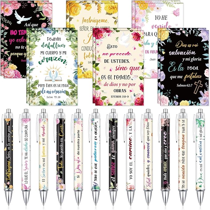 Colarr 12 Sets Christian Bulk Gifts for Women Bible Verse Pens Notebooks Religious VBS Scripture Ballpoint Pens Bookmarks Journal for Easter Sunday School Church Inspirational Supply(Spanish Flowers)