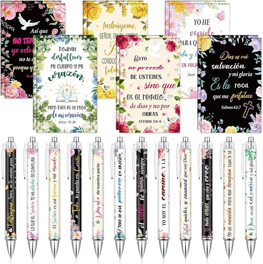 Colarr 12 Sets Christian Bulk Gifts for Women Bible Verse Pens Notebooks Religious VBS Scripture Ballpoint Pens Bookmarks Journal for Easter Sunday School Church Inspirational Supply(Spanish Flowers)