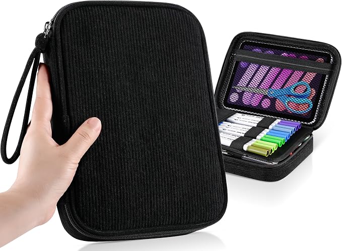 Zannaki Large Capacity Pencil Pouch Organizer | Soft Corduroy Pencil Box for Girls Boys Teens | Cute Big Pen Bag with Multiple Zipper Pockets - Pencil Case Storage for Art Supplies & Stationery-Black