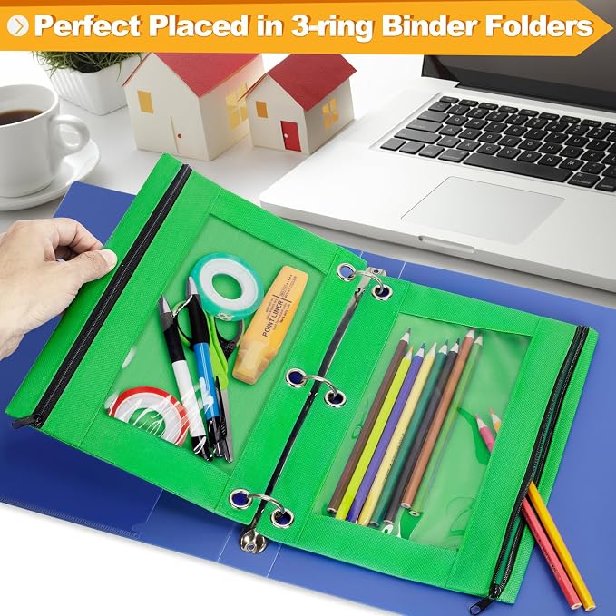 Pencil Pouch for 3 Ring Binder, 2 Pack Pencil Bags with Zipper, Green Pencil Case for Classroom School Office Supplies, Large Sturdy and Durable Cloth Pencil Pocket for 3 Holder Binder